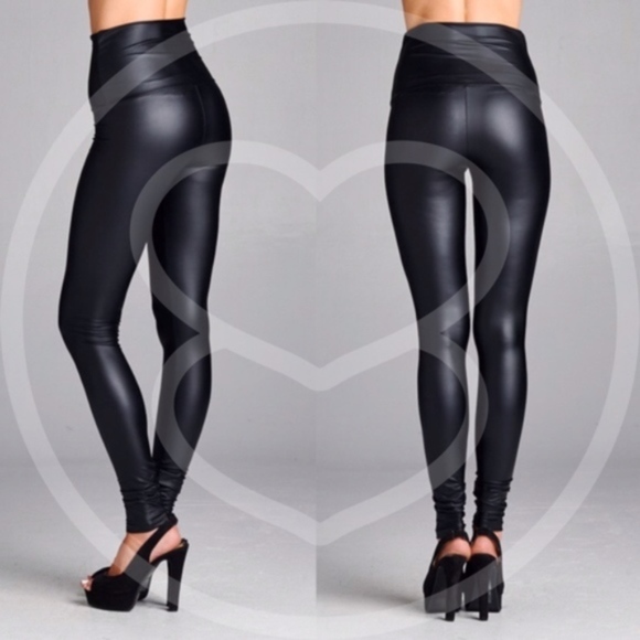 Luxe Black vegan leather Tummy Control matte slick leggings - Picture 2 of 8